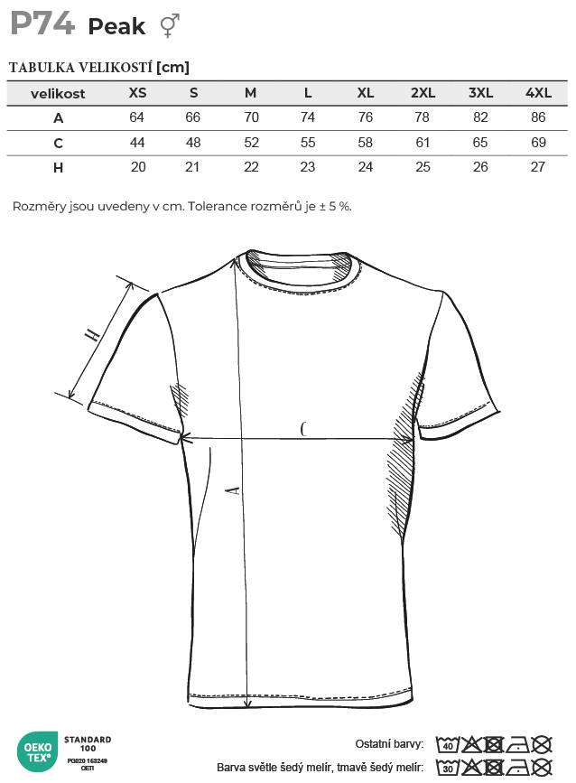 P74 Peak tričko unisex Tabulka velikostí